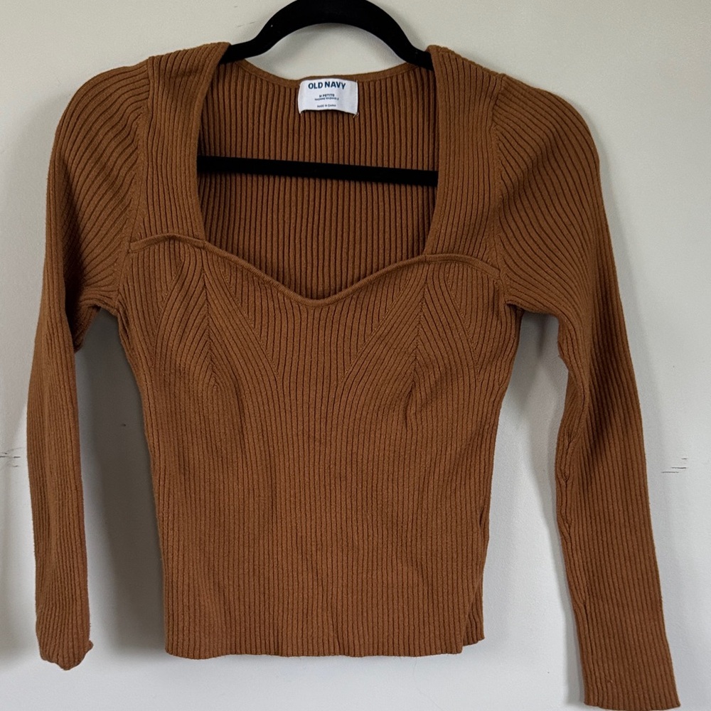 Old Navy Petite Medium Brown Ribbed Sweetheart Neck Top Fitted Long Sleeve Sweat